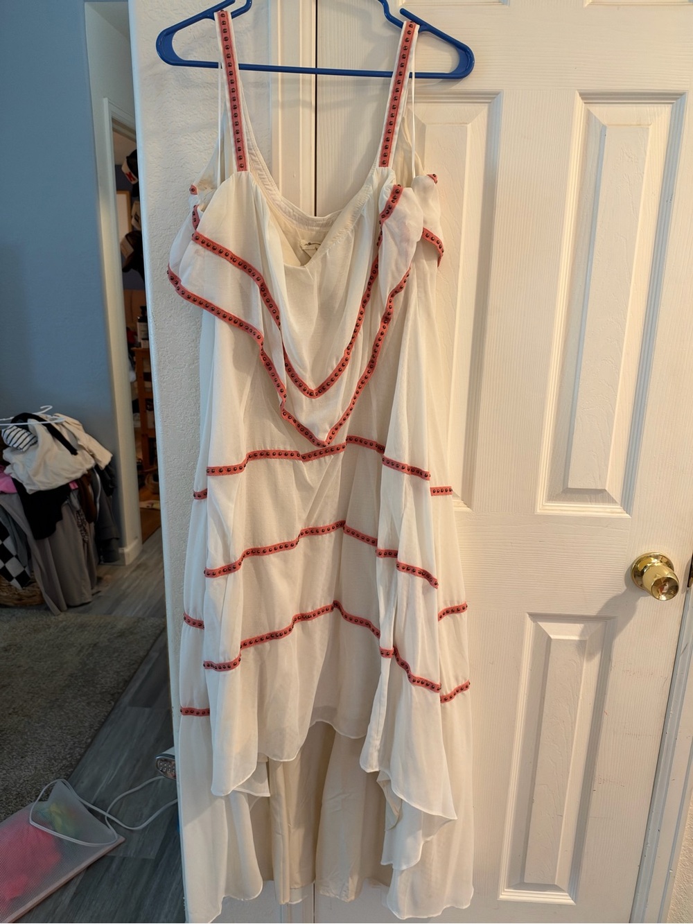 Joyfolie White Tiered Camisole Dress with Coral Trim